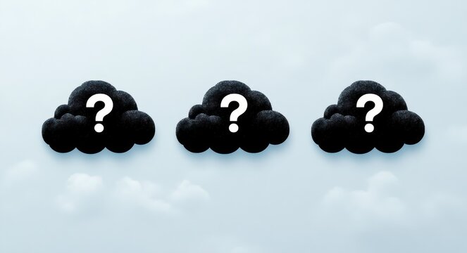 Three dark cloud icons each containing a white question mark hovering over a pale blue sky, evoking uncertainty and curiosity