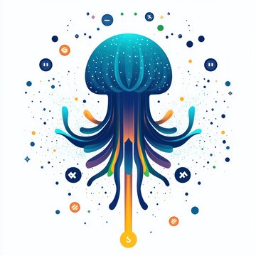 luminous stylized jellyfish with flowing multicolored tentacles surrounded by floating digital icons and scattered particles, evoking wonder and playful futuristic calm