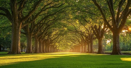 Obraz premium sunlit oak avenue with arching branches forming a leafy tunnel over a manicured green lawn, warm golden glow, serene and majestic atmosphere