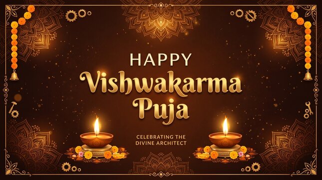 Happy Vishwakarma Puja Vector Design, Festival Greetings Background with Diya, Mandala, and Tools, Celebration of the Divine Architect