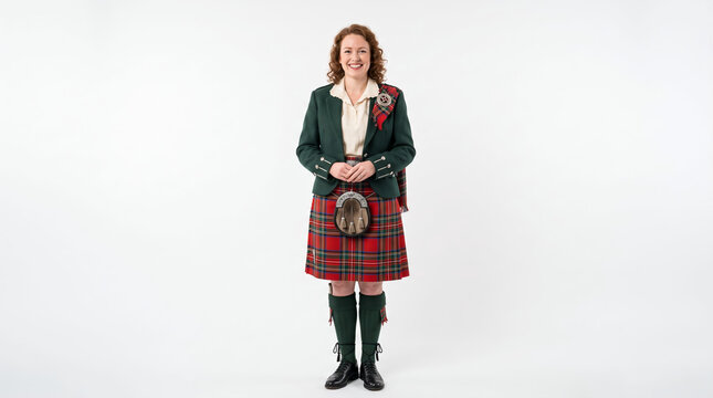 A smiling woman stands wearing a traditional kilt against a plain white studio background. 