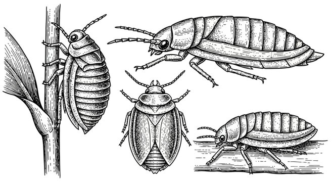 Scientific Illustration of Bed Bugs in Various Poses