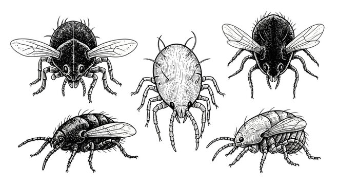 Set of Detailed Insect Drawings and Parasite Illustrations