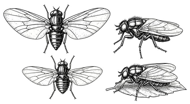 Vintage Illustration of Common House Flies in Multiple Perspectives