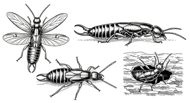 Vintage Illustration of Earwigs in Various Poses