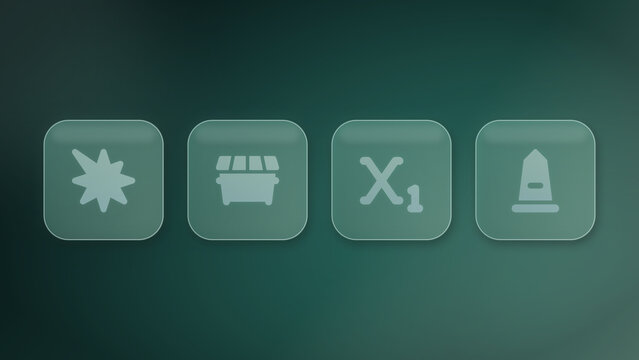 Translucent glass buttons with starburst, storefront, subscript and traffic cone icons