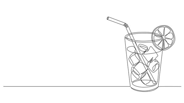 animated continuous one line drawing of refreshing cold drink in glass with ice cubes, straw and emon slice, minimalist line art animation