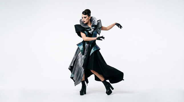 Female model poses wearing a fashionable black dress against a white studio background. 