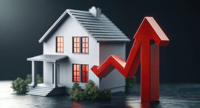 white two-story house model beside large red upward arrow indicating rising value and optimistic growth