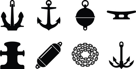 Nautical Marine Equipment Icon Set Featuring Anchors Mooring Bollards Buoy Fender and Chain Silhouettes © Abdul