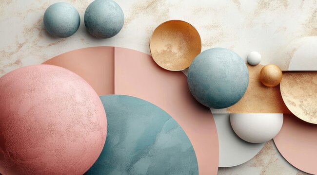 Soft textured pastel spheres, orbs and layered semicircles in pink, teal, white and metallic gold on a marbled background conveying calm and elegant serenity