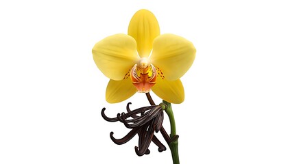 Fototapeta na wymiar A surreal composition featuring a bright yellow orchid flower with reddish‑orange central pattern, emerging stem supporting a small dark gray elephant figurine positioned as part of the plant