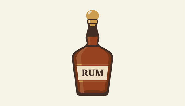 Vector illustration of a classic brown glass bottle of rum with a label and cork isolated on cream background.