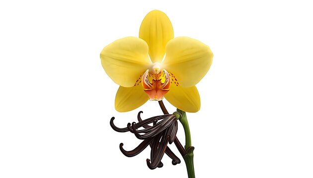 A surreal composition featuring a bright yellow orchid flower with reddish‑orange central pattern, emerging stem supporting a small dark gray elephant figurine positioned as part of the plant