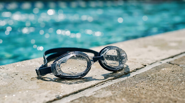 Wet swimming goggles resting on the concrete edge of a bright blue outdoor pool