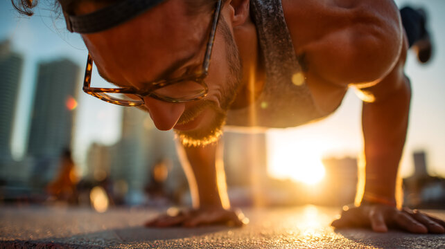 Golden Hour Push-up, Urban Fitness, Strength and Dedication
