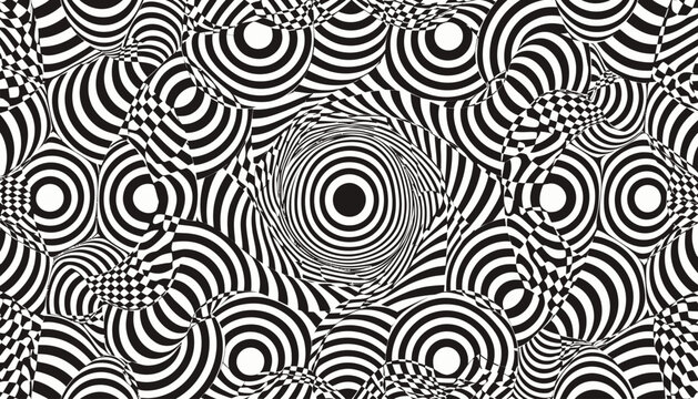 Monochromatic Op Art Pattern with Concentric Circles and Grids