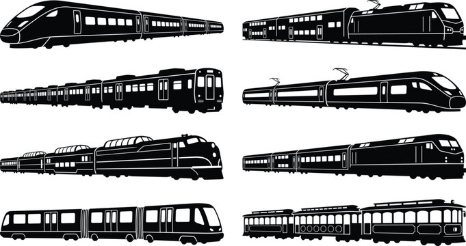 Passenger train and urban electric tram side view black silhouette icons vector set for transit graphics
