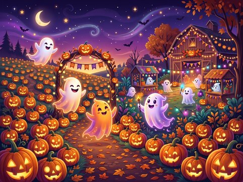 Colorful 2D flat vector illustration of a magical pumpkin patch with friendly floating ghosts and a glowing barn for a festive Halloween concept