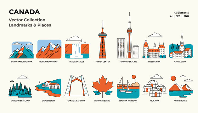 Canada Landmarks and Places Vector Icons - Banff, Toronto, Quebec, Vancouver
