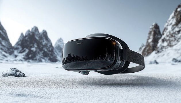 sleek black virtual reality headset hovering above a snowy plain with reflective visor mirroring jagged mountain peaks, evoking cool futuristic exploration and serene isolation