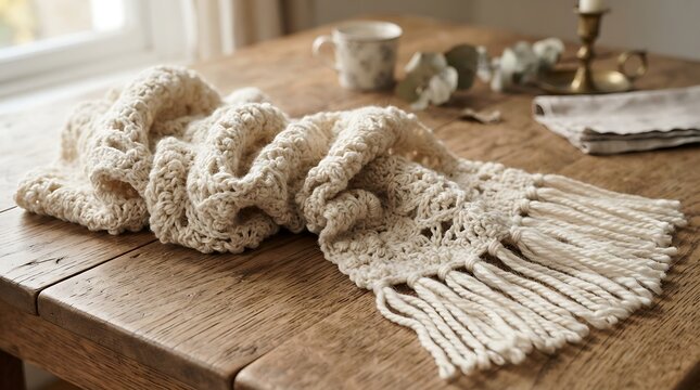 Cozy handcrocheted cream scarf with tassels on a rustic wooden table