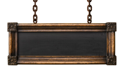 Isolated vintage blank wooden framed blackboard sign hanging from old rusty metal chains © Oisin