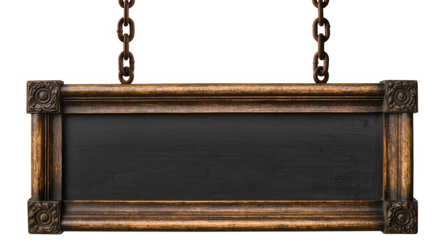Isolated vintage blank wooden framed blackboard sign hanging from old rusty metal chains