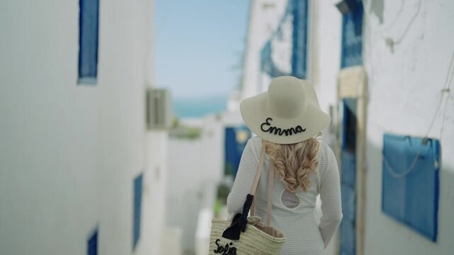 Stylish Woman Sightseeing in Sidi Bou Said, Tunisia
