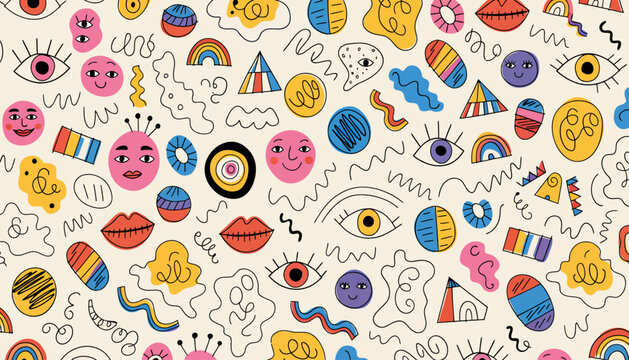 Vibrant doodle pattern with eyes, lips, rainbows, and abstract shapes