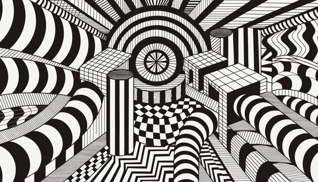 Optical Illusion Geometric Abstract Pattern in Black and White with Perspective