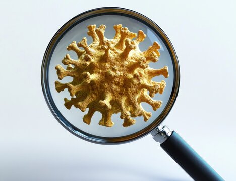 Magnifying glass over a golden spiky microscopic particle on a pale background, conveying scientific scrutiny and concern
