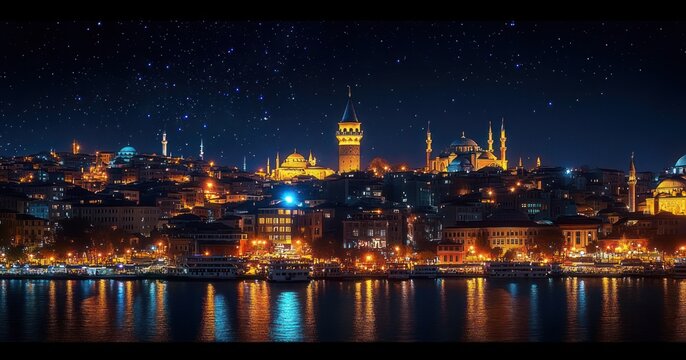historic waterfront skyline at night with illuminated domes, minarets and a central stone tower, warm golden lights reflecting on calm water under a starry sky, serene and majestic