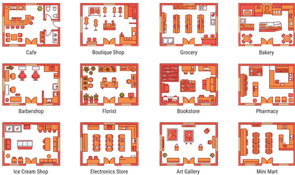 Retail store floor plan icon collection with cafe bakery grocery pharmacy bookstore boutique and commercial shop layouts vector illustration