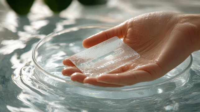 hand holding translucent soap bar over rippling glass bowl of water, serene refreshing spa moment with wet palm and soft natural leaves in background