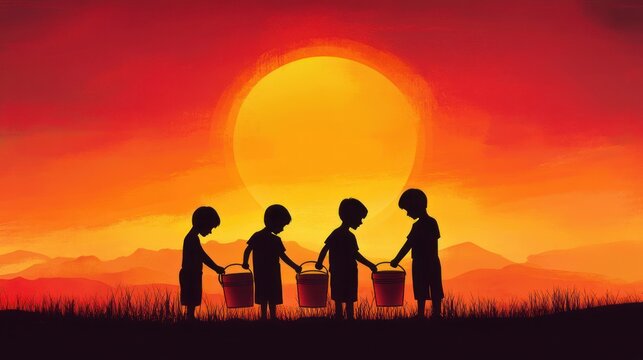 Four children silhouetted with buckets in tall grass before a huge setting sun over distant mountains, warm orange sky evoking unity and quiet hope