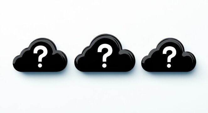Three glossy black cloud icons with white question marks on white background conveying mystery and curiosity
