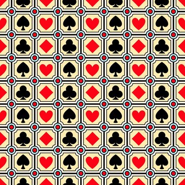 ​Seamless casino playing card suits vector pattern with hearts, spades, clubs, and diamonds in vintage frame grid style for poker wallpaper background.