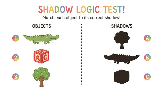 An educational shadow-matching game for children&mdash;a colorful logic puzzle featuring cute objects and silhouettes designed for preschool learning. AI generated.