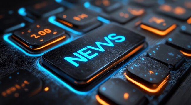 Close-up of an illuminated keyboard key labeled news glowing electric blue among orange-backlit keys with droplets and metallic texture, conveying urgent high-tech energy