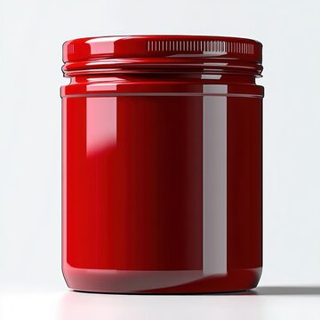glossy red screw-top jar with smooth cylindrical body on white background, minimalist modern studio presentation conveying a clean sleek feeling