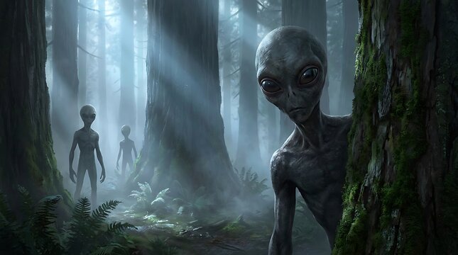 Three grey aliens emerge from misty forest, one peeking from behind tree extraterrestrial