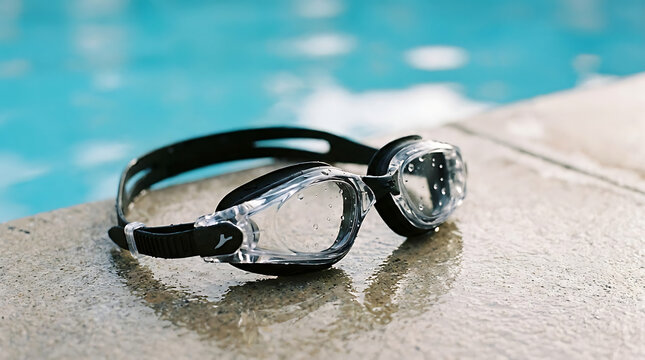 Clear swimming goggles resting on the wet edge of a sparkling blue swimming pool, ready for a refreshing dip