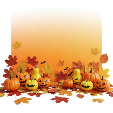 Smiling pumpkins with autumn leaves.
