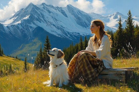 Woman and dog sitting on a log in a sunlit alpine meadow with pine trees and snow-capped mountains, serene and contemplative moment