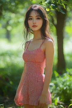 woman in red gingham summer dress standing in sunlit green forest, serene and contemplative mood