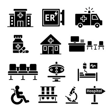 Medical Healthcare Hospital Facilities Solid Glyph Icon Set