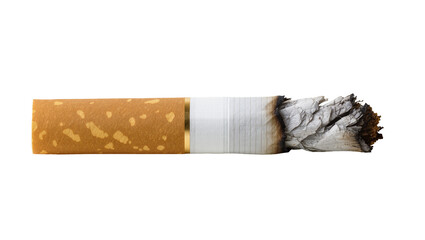 Isolated burning cigarette with glowing tip, ash, and textured filter, unhealthy habit danger © Oisin