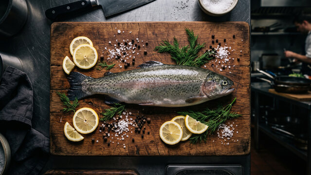 Raw trout fish on a rustic wooden cutting board with lemon slices, dill, and spices