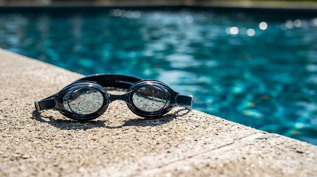 Black swimming goggles resting on the concrete edge of a sunny outdoor pool with blue water
